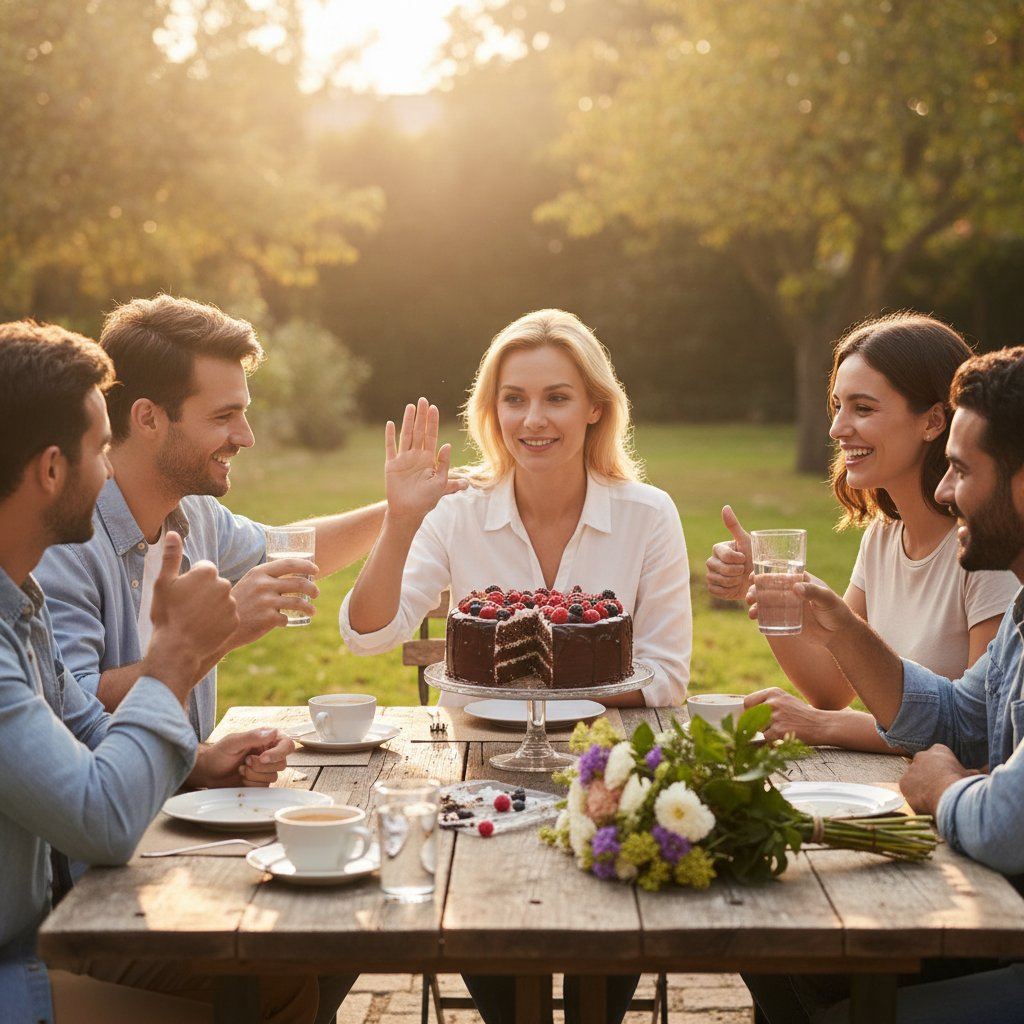 Grupa przyjaciół przy stole, jedna osoba odmawia ciasta, wspierająca atmosfera