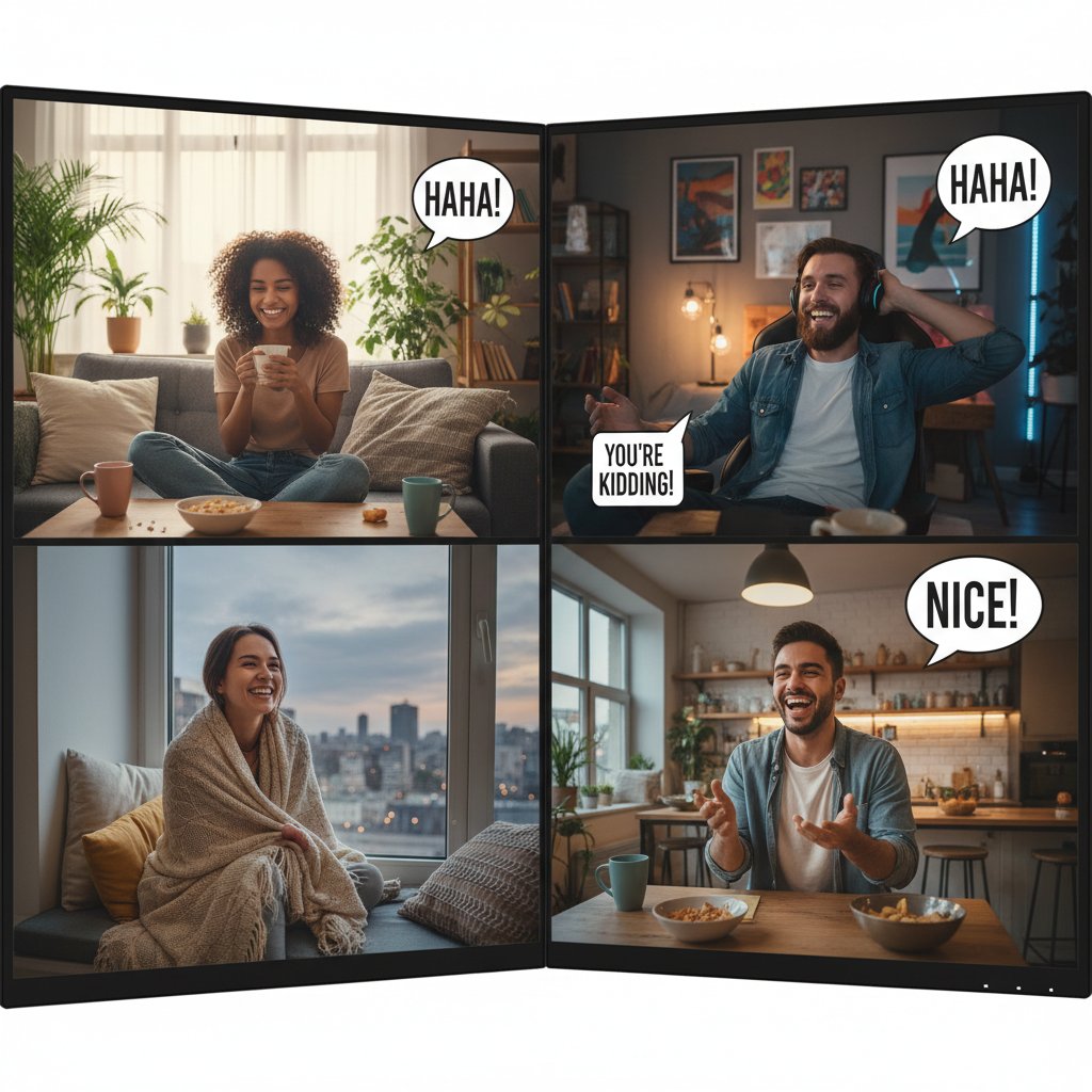 Grupa znajomych rozmawiająca online, różne środowiska domowe, przyjazna atmosfera