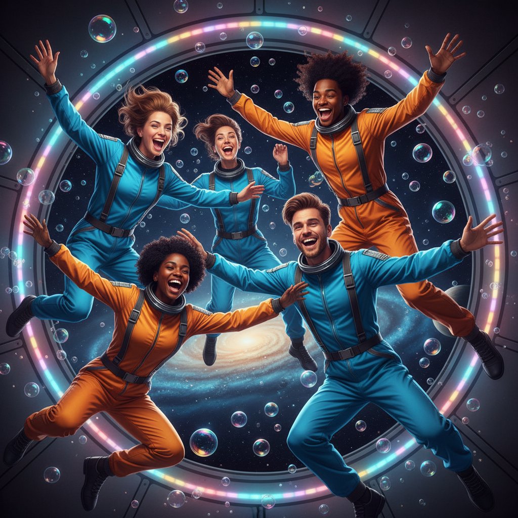 Grupa przyjaciół w trakcie nietypowego wspólnego przeżycia, uśmiechy, dynamiczna scena