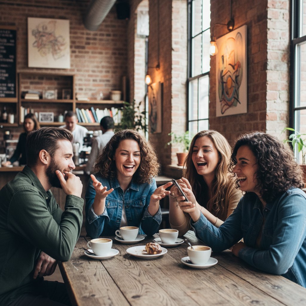Grupa przyjaciół w kawiarni opowiadająca historie randkowe