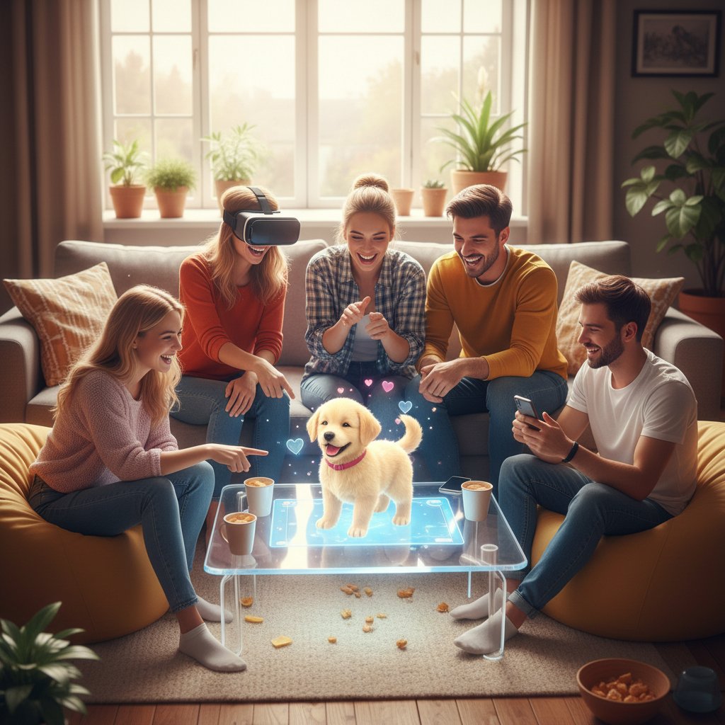 Grupa przyjaciół korzystająca wspólnie z symulatora opieki nad szczeniakiem, uśmiechy i pozytywna atmosfera