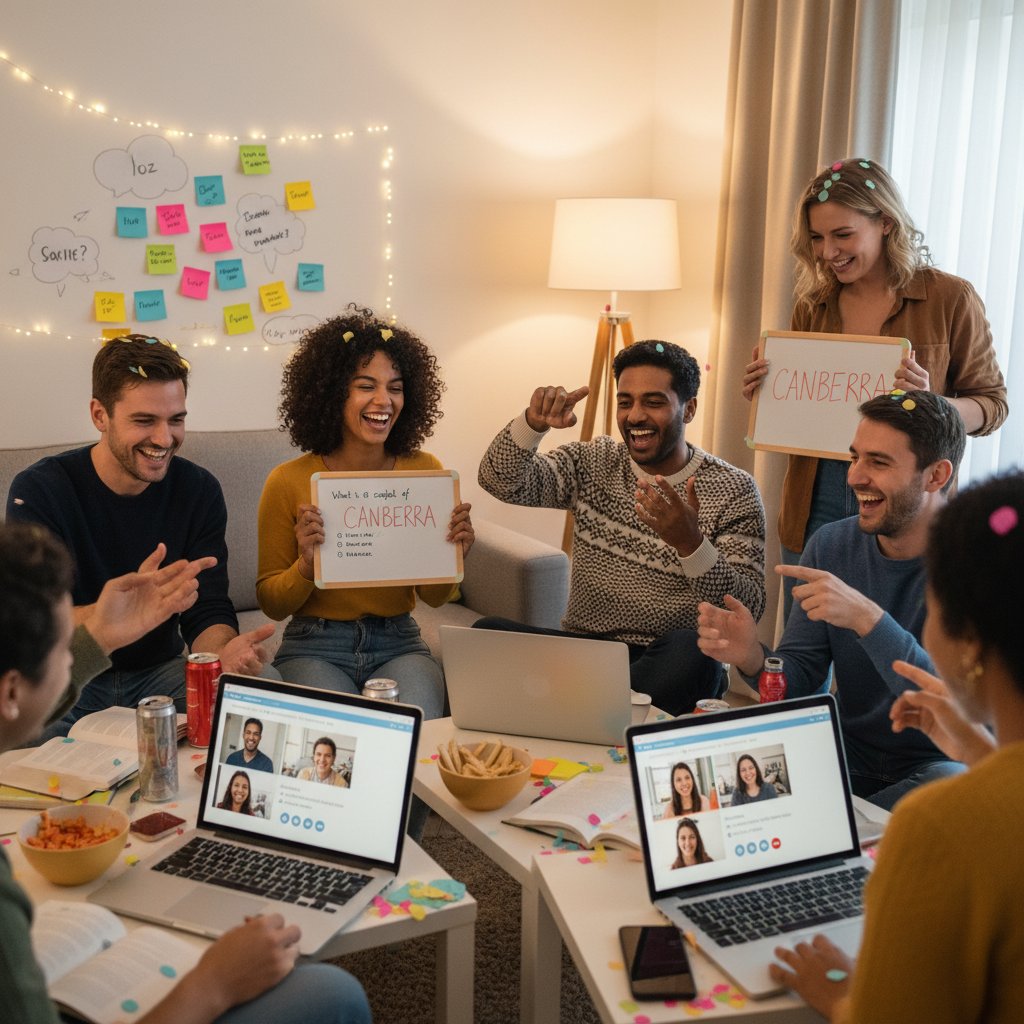 Grupa znajomych wspólnie rozwiązuje quiz podczas wideorozmowy