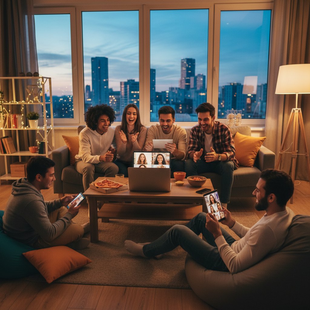 Grupa młodych ludzi śmieje się podczas wideorozmowy na laptopie, wieczorne światło w mieszkaniu