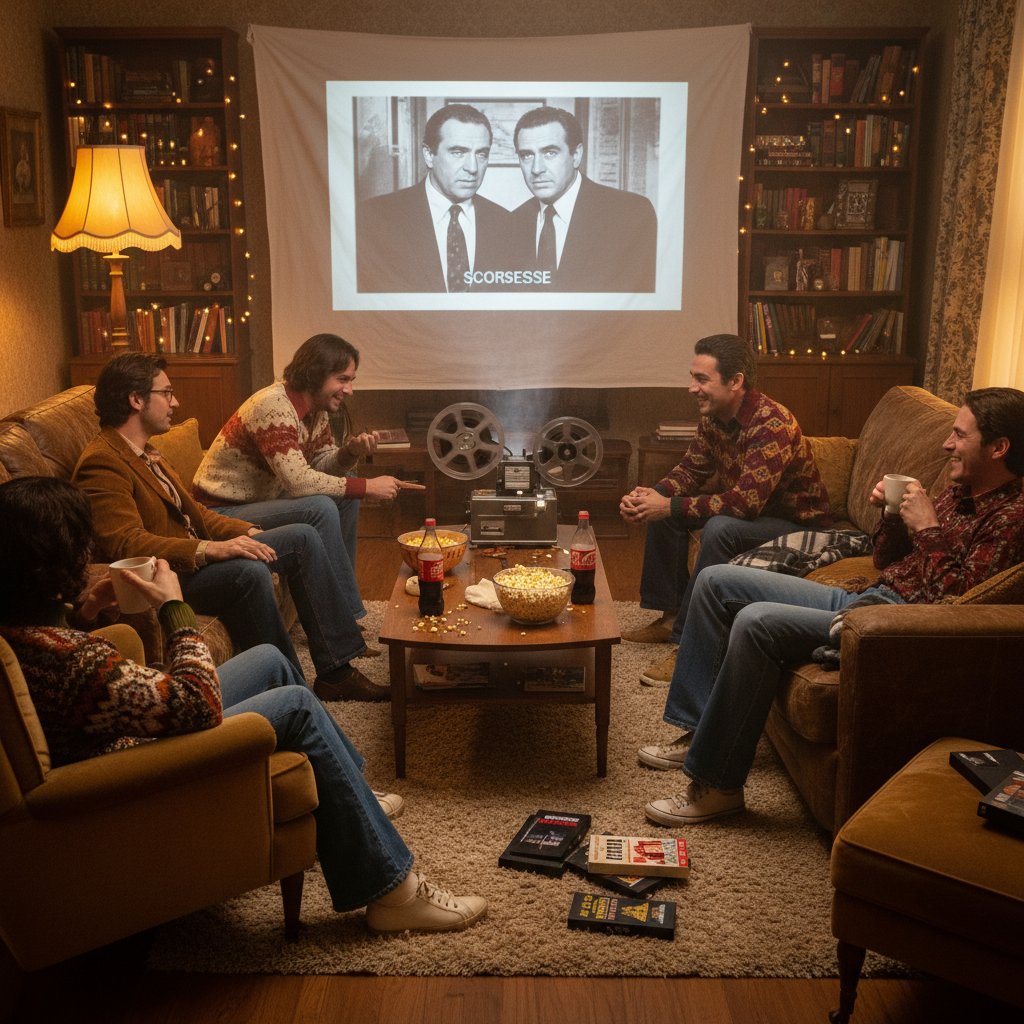 Friends hosting a Scorsese film marathon, vintage living room, projector casting iconic scene