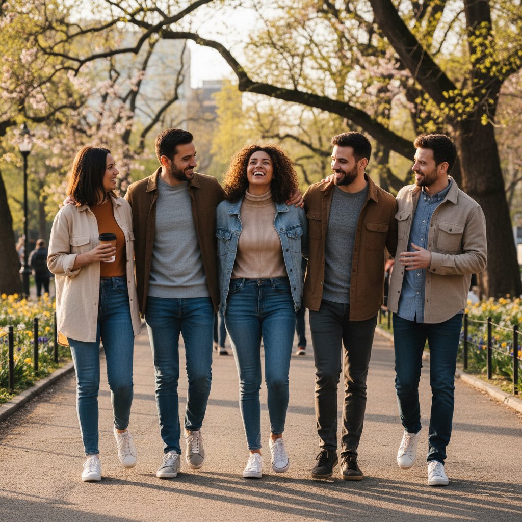 Grupa przyjaciół rozmawia i śmieje się podczas spaceru