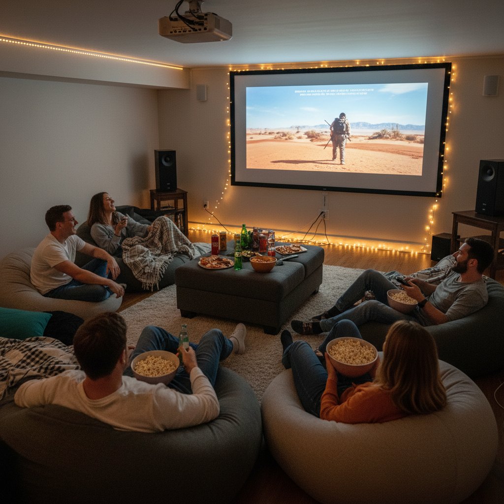 Group of friends watching a movie together, matching mood and genre, choosing group effort films