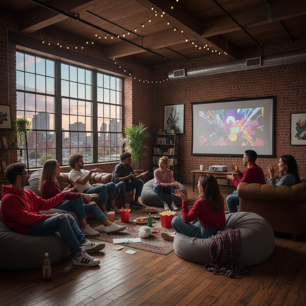 Group of friends watching a movie in a loft, animated discussion, youthful mood, urban setting, discovering graphic novel movies