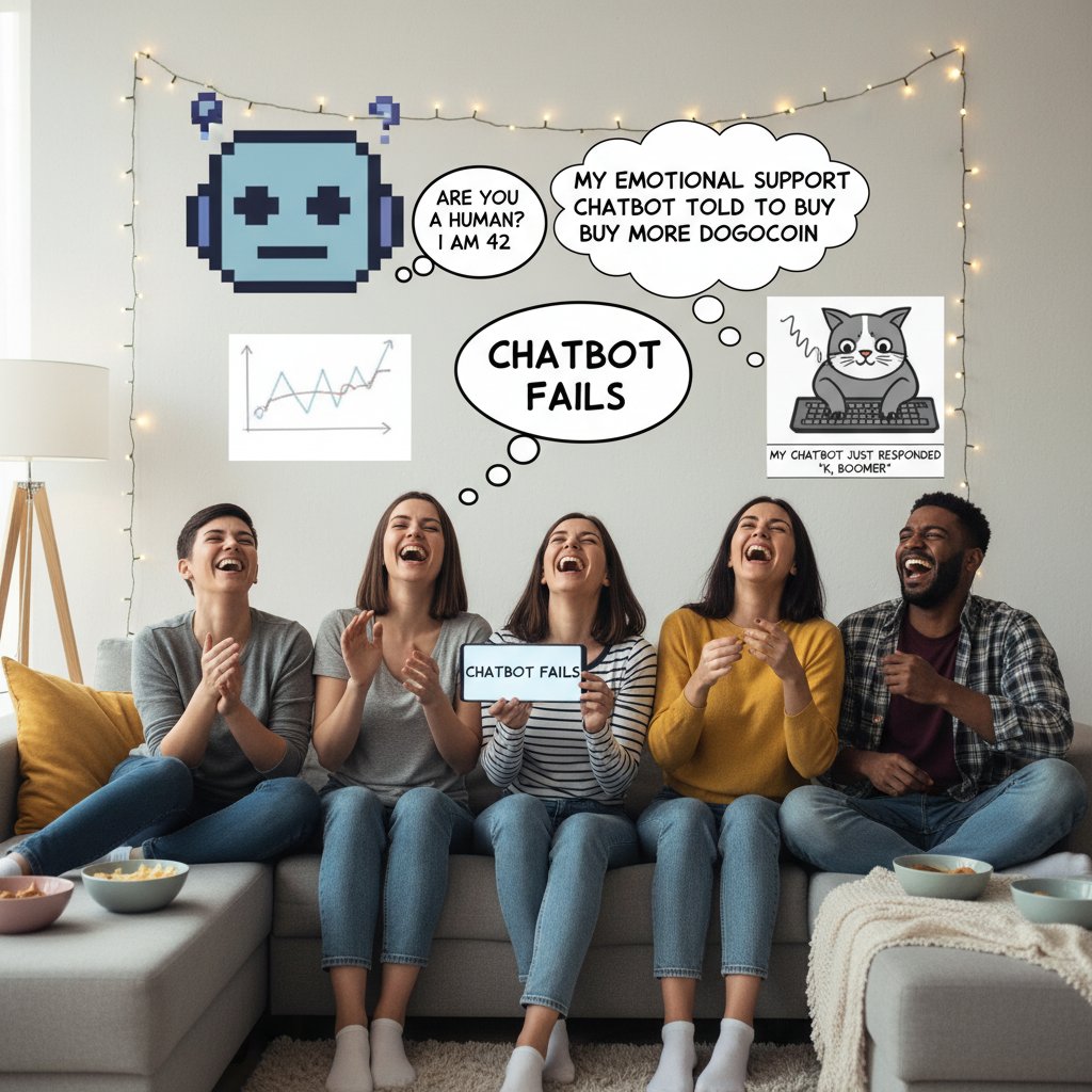 Grupa młodych osób śmiejąca się przy ekranie komputera, na którym jest rozmowa z czatbotem