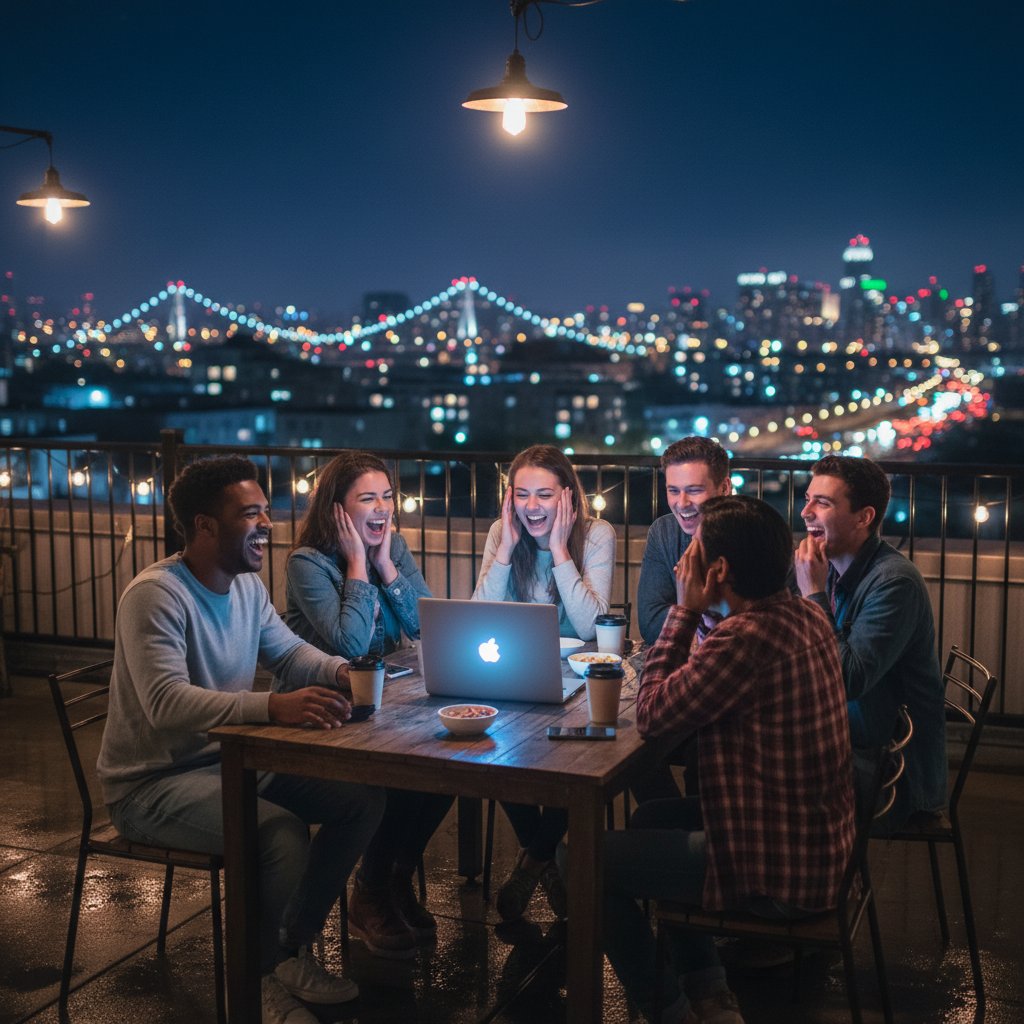 Grupa młodych ludzi śmiejąca się wspólnie podczas oglądania ekranu laptopa