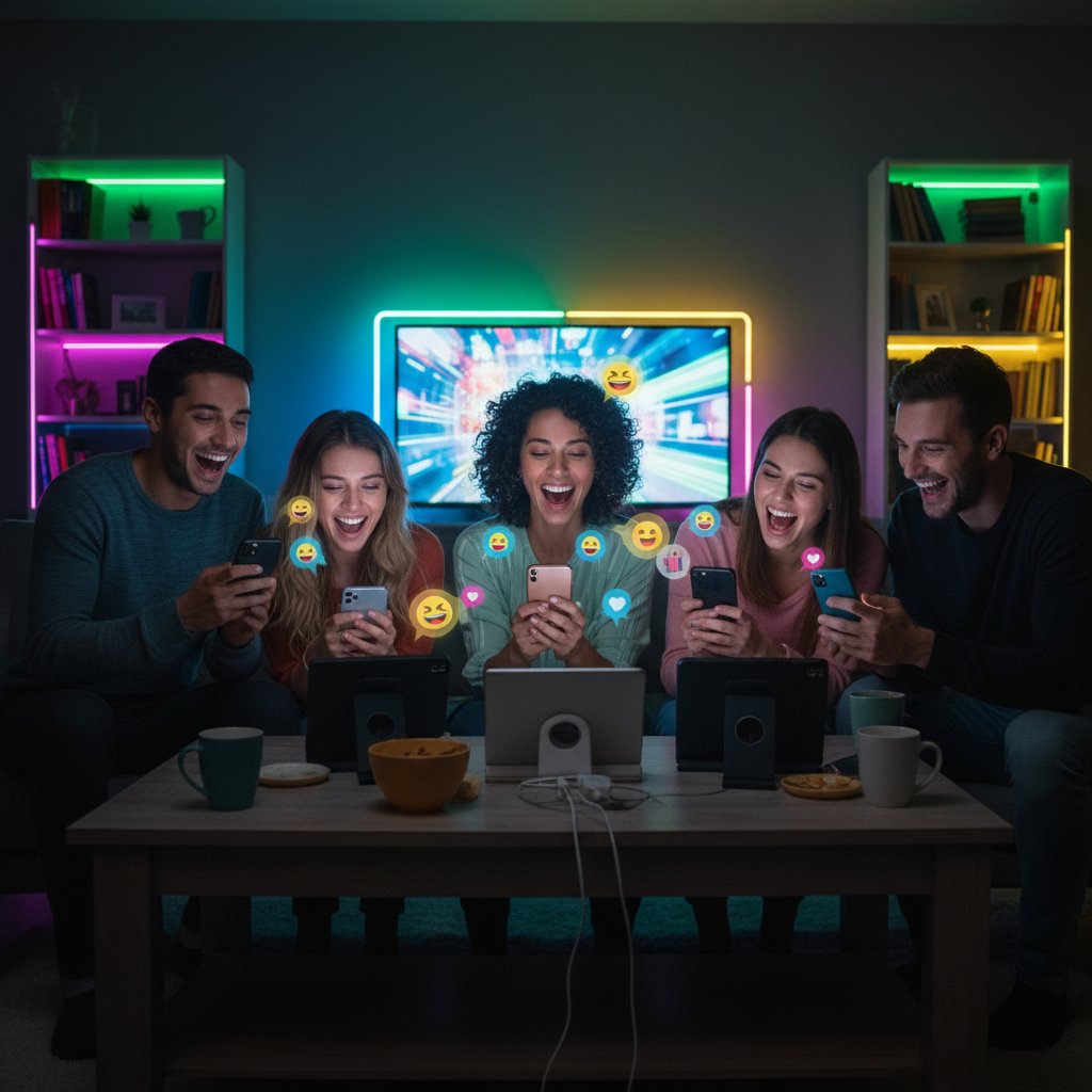 Grupa znajomych śmieje się podczas rozmowy online, kolorowe światła w tle, laptop na stole, atmosfera swobodnej wymiany żartów