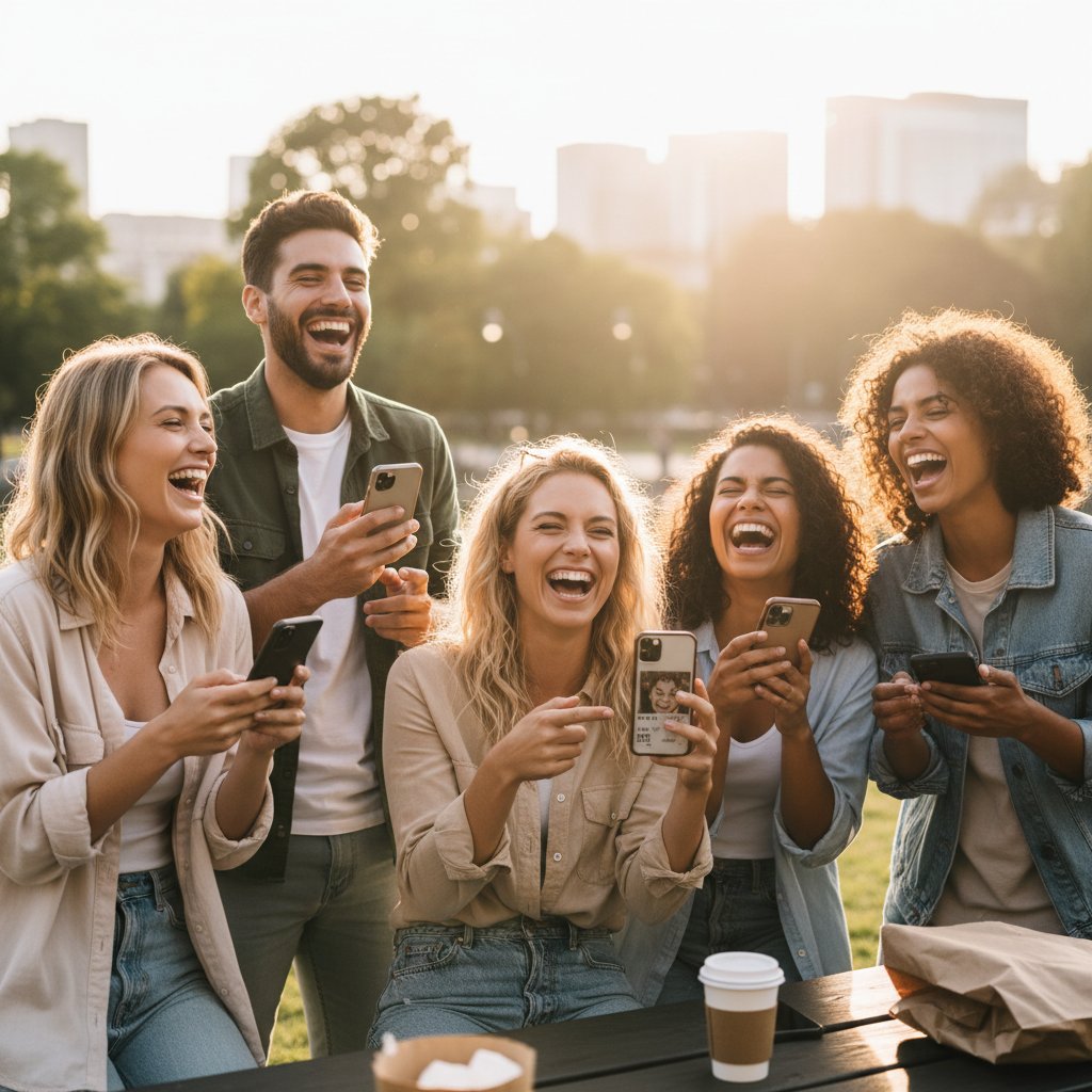 Grupa przyjaciół śmieje się razem, smartfony w dłoniach, polski slang w powietrzu
