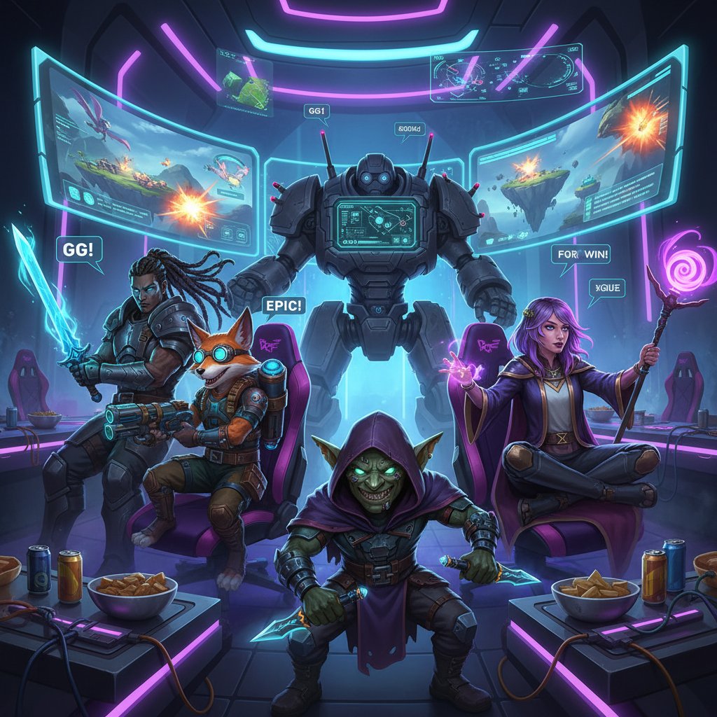 Grupa graczy siedzi razem, prezentując różnorodne avatary na ekranach podczas wspólnej sesji