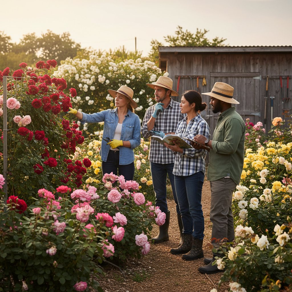 Grupa ogrodników wymieniających się doświadczeniami przy różach