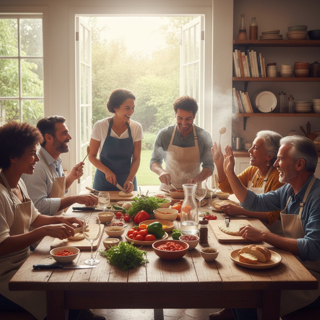 Grupa domowych kucharzy przy wspólnym stole, różnorodność i radość gotowania, domowa kuchnia na poziomie