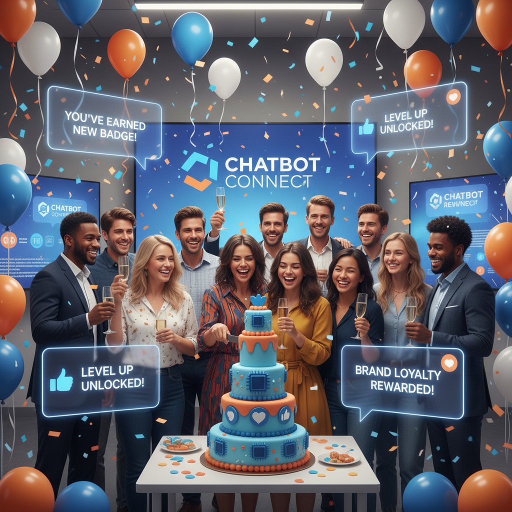 Grupa lojalnych klientów świętuje sukces marki, powiadomienia od chatbota na ekranach smartfonów, atmosfera radości