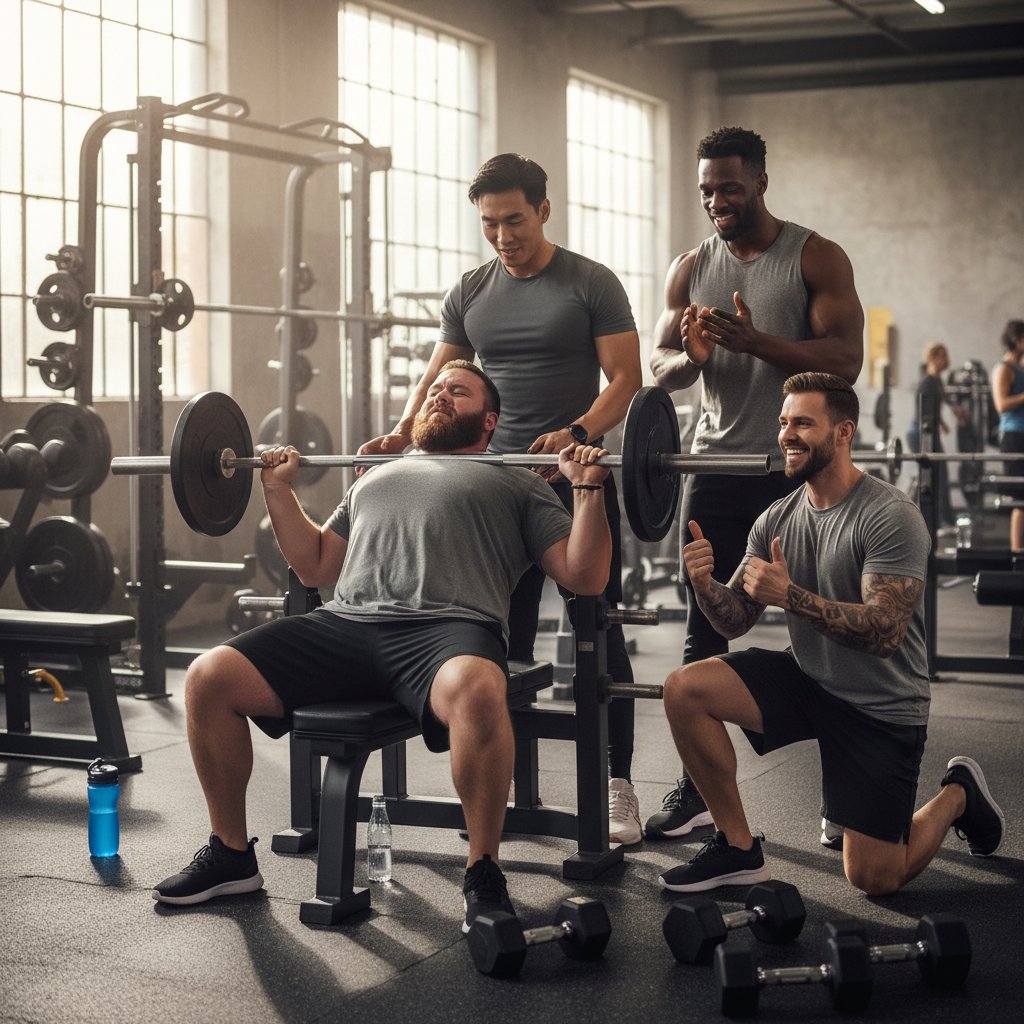 Zdjęcie grupy mężczyzn na siłowni, ukazujące różnorodność sylwetek i atmosferę wsparcia