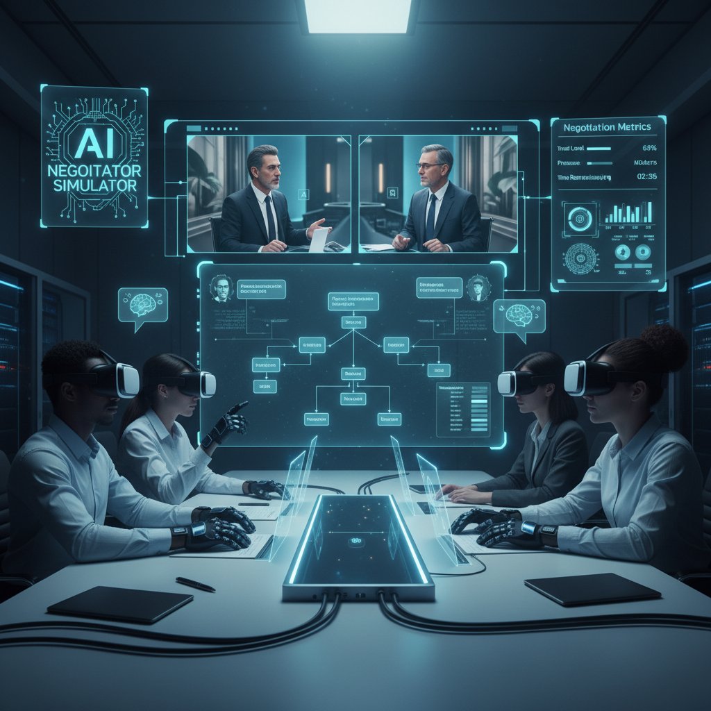 Grupa negocjatorów ćwiczących online, wyświetlone okna AI symulatora, interaktywne scenariusze
