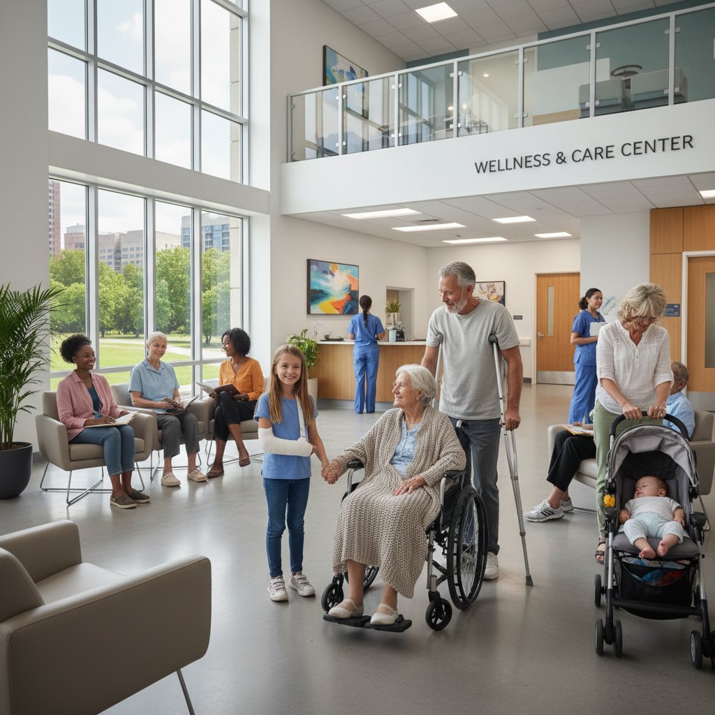 Grupa pacjentów w wieku od dziecka do seniora, ilustracja różnorodności demograficznej przy kamicy żółciowej