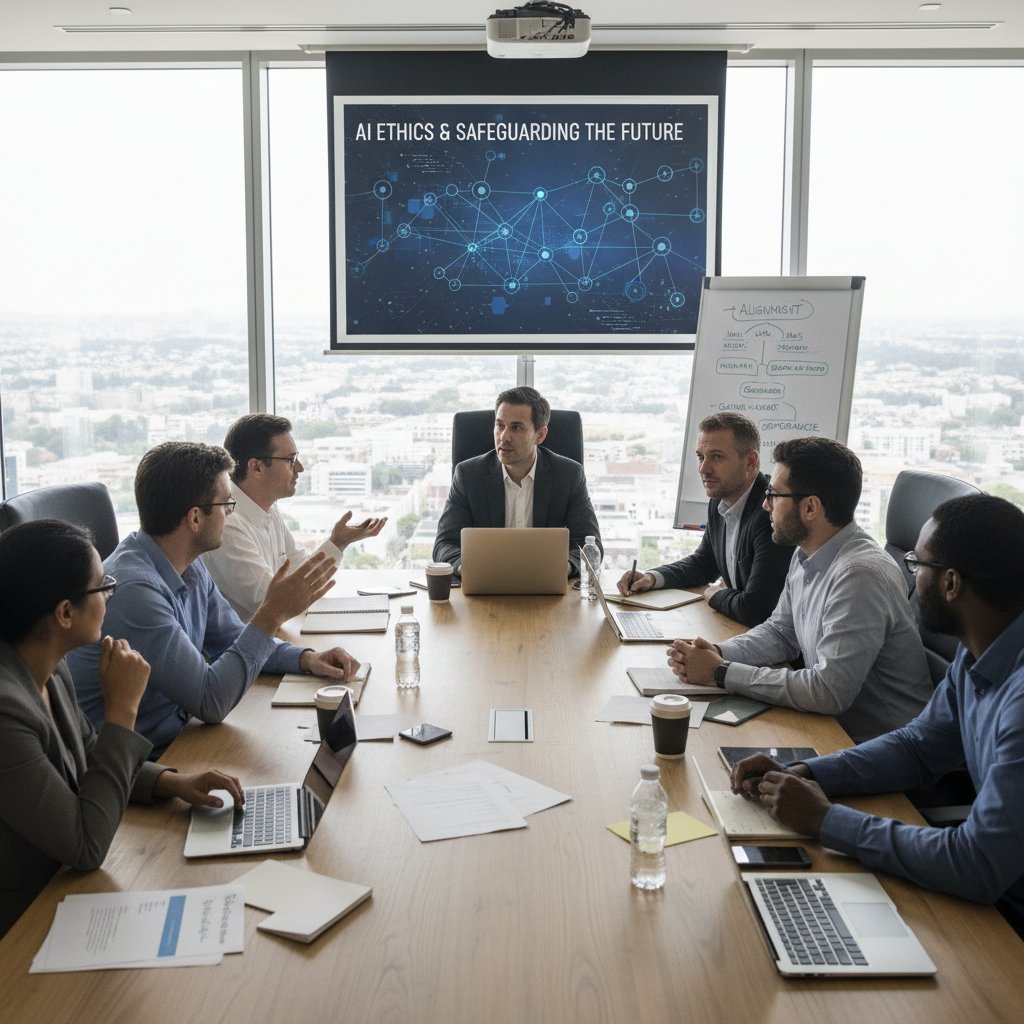 Grupa ludzi dyskutuje nad bezpieczeństwem AI przy stole