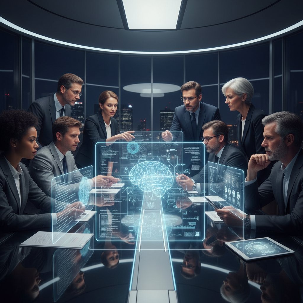 Grupa ludzi dyskutująca o technologiach AI, emocje na twarzach, sala konferencyjna, współczesna debata społeczna