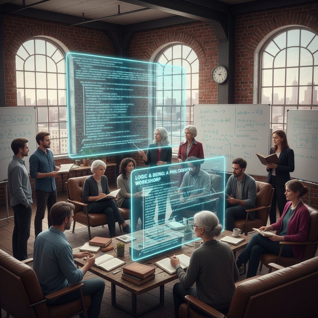 Grupa osób analizuje kod komputerowy i cytaty filozoficzne podczas warsztatów cyfrowych