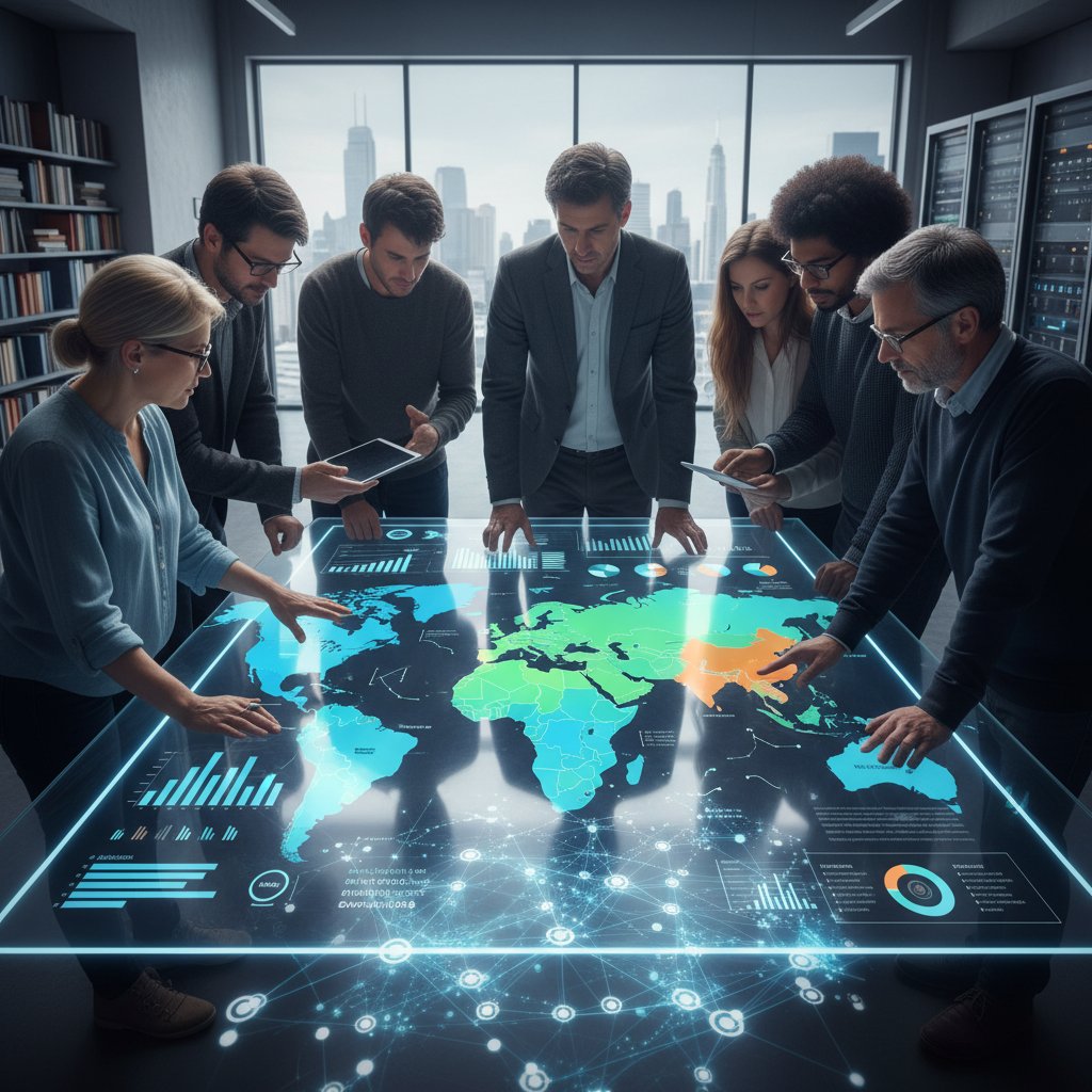 Grupa ludzi wspólnie analizująca cyfrową mapę demograficzną, symbolizującą współczesną edukację i społeczeństwo informacyjne