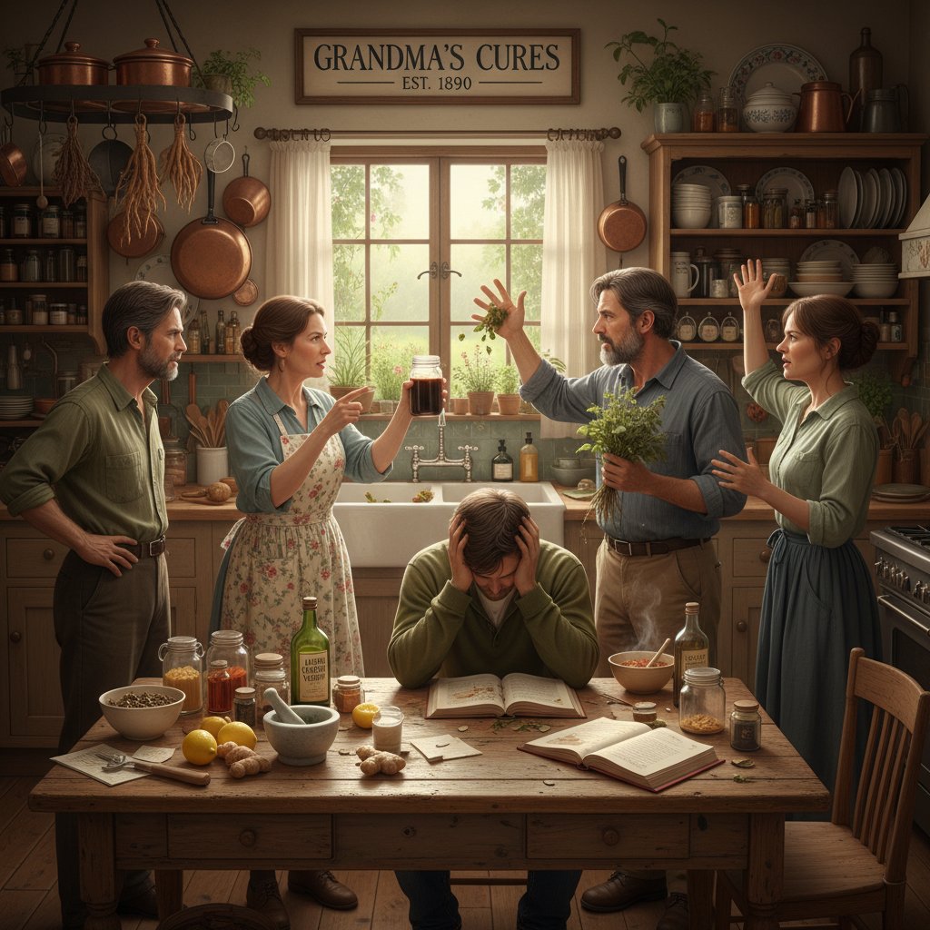 Grupa ludzi kłócących się w polskiej kuchni o domowe sposoby na anginę, napięta i humorystyczna atmosfera