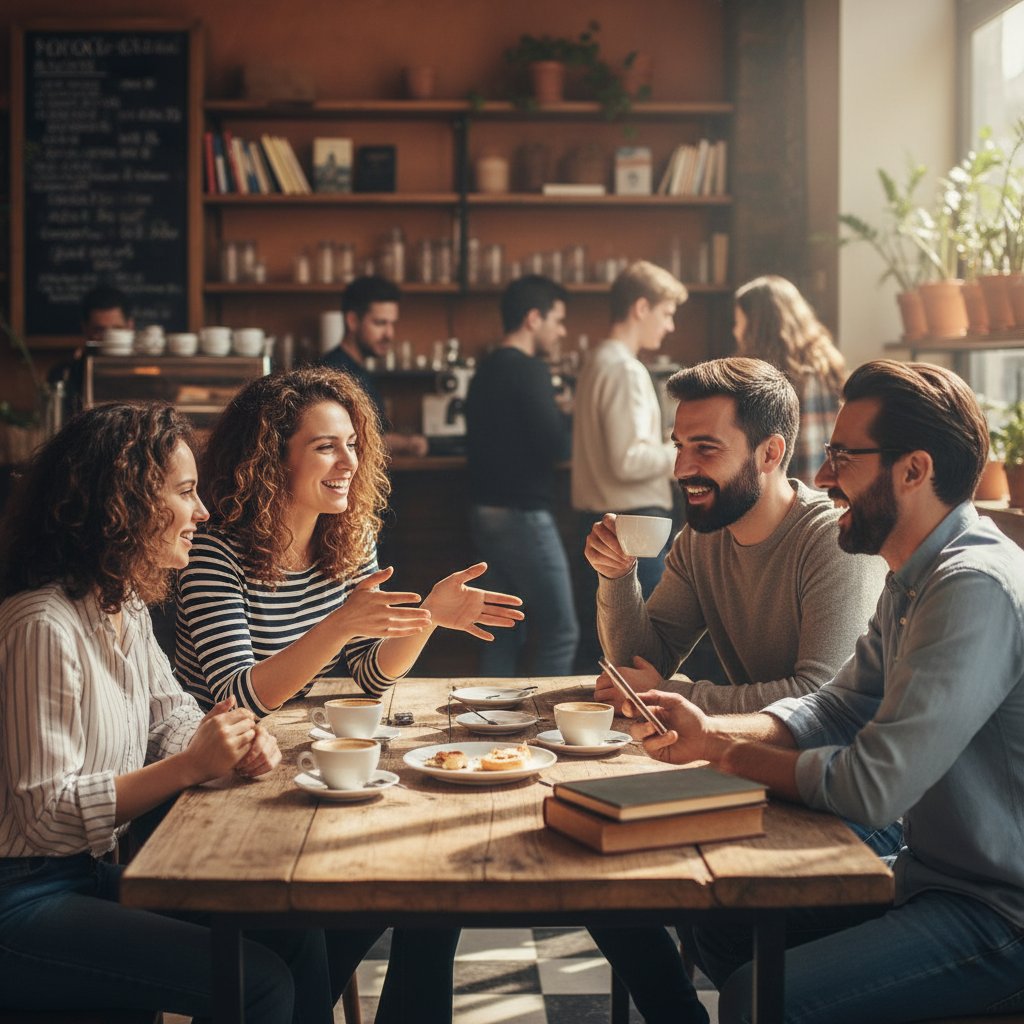 Grupa różnych osób rozmawiająca w kawiarni, symbolizująca budowanie relacji i wspólnoty