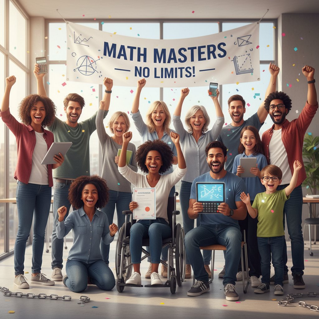 Grupa nastolatków i dorosłych świętujących sukces w nauce matematyki, szczęśliwe twarze, atmosfera przełamania blokad