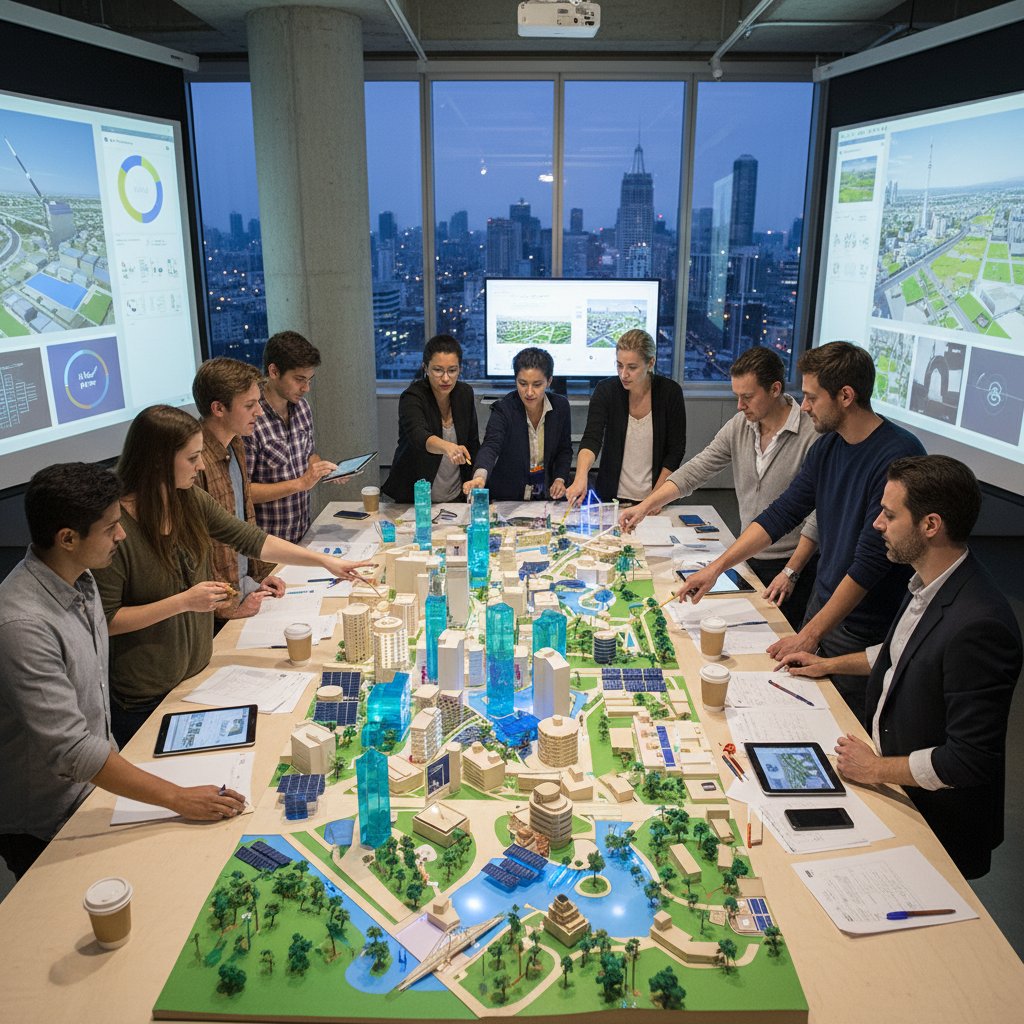 Grupa osób analizująca makietę miasta podczas warsztatów urbanistycznych