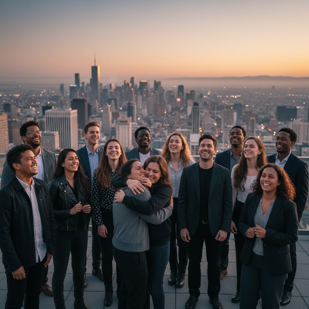 Grupa ludzi w różnym wieku na tle miejskiego krajobrazu, z wyrazistymi emocjami na twarzach, emocje i kompetencje emocjonalne