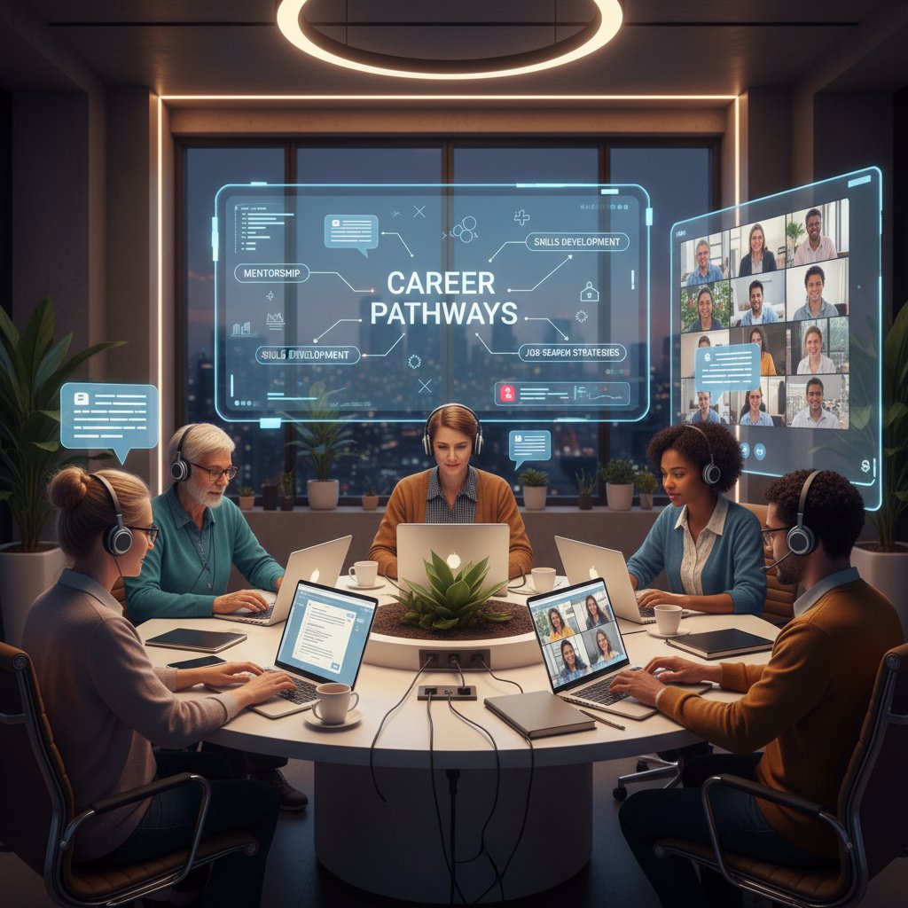 Grupa ludzi współpracująca online przy projektach kariery