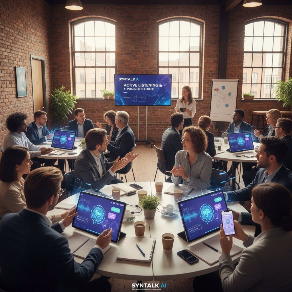 Grupa ludzi ćwiczy rozmowy na warsztatach komunikacji, jeden z nich korzysta z aplikacji AI na telefonie