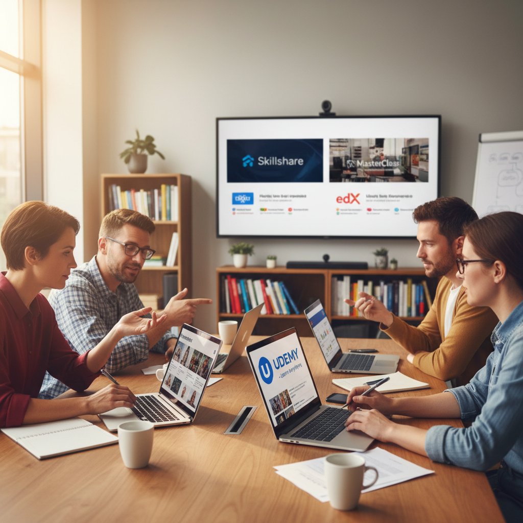 Zdjęcie grupy osób porównujących na ekranach laptopów różne platformy edukacyjne
