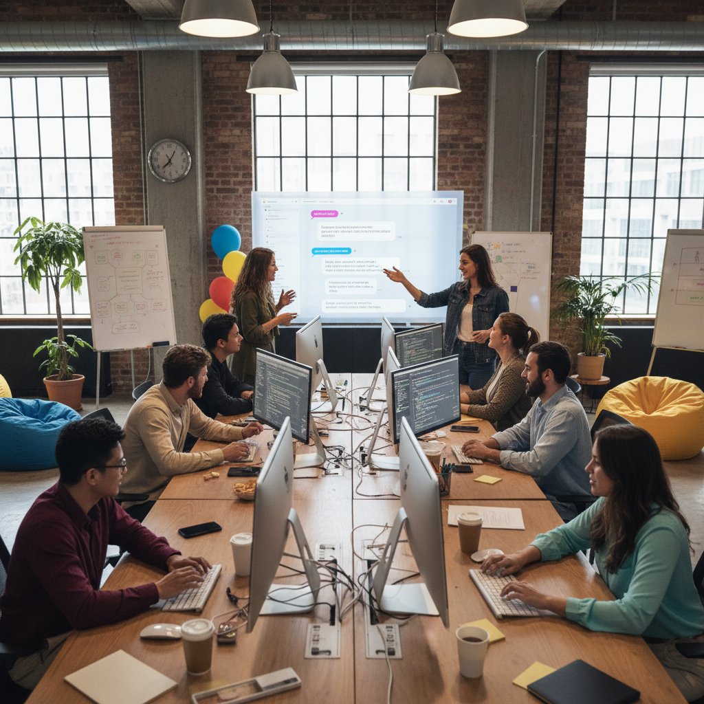 Grupa osób przy komputerze testująca czat AI w kreatywnym biurze