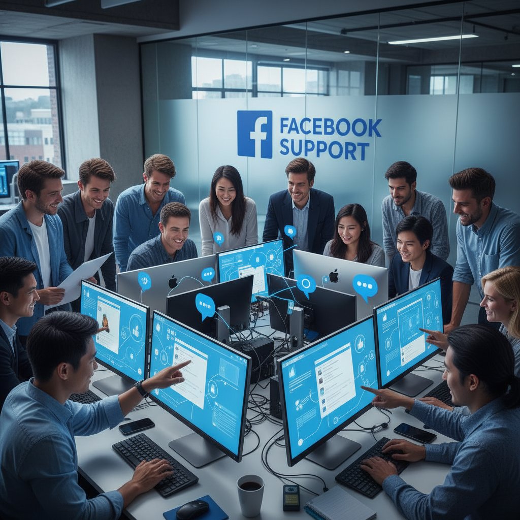 Grupa ludzi przed komputerami, wspólna praca, atmosfera wsparcia, różnorodne osoby, motyw Facebooka