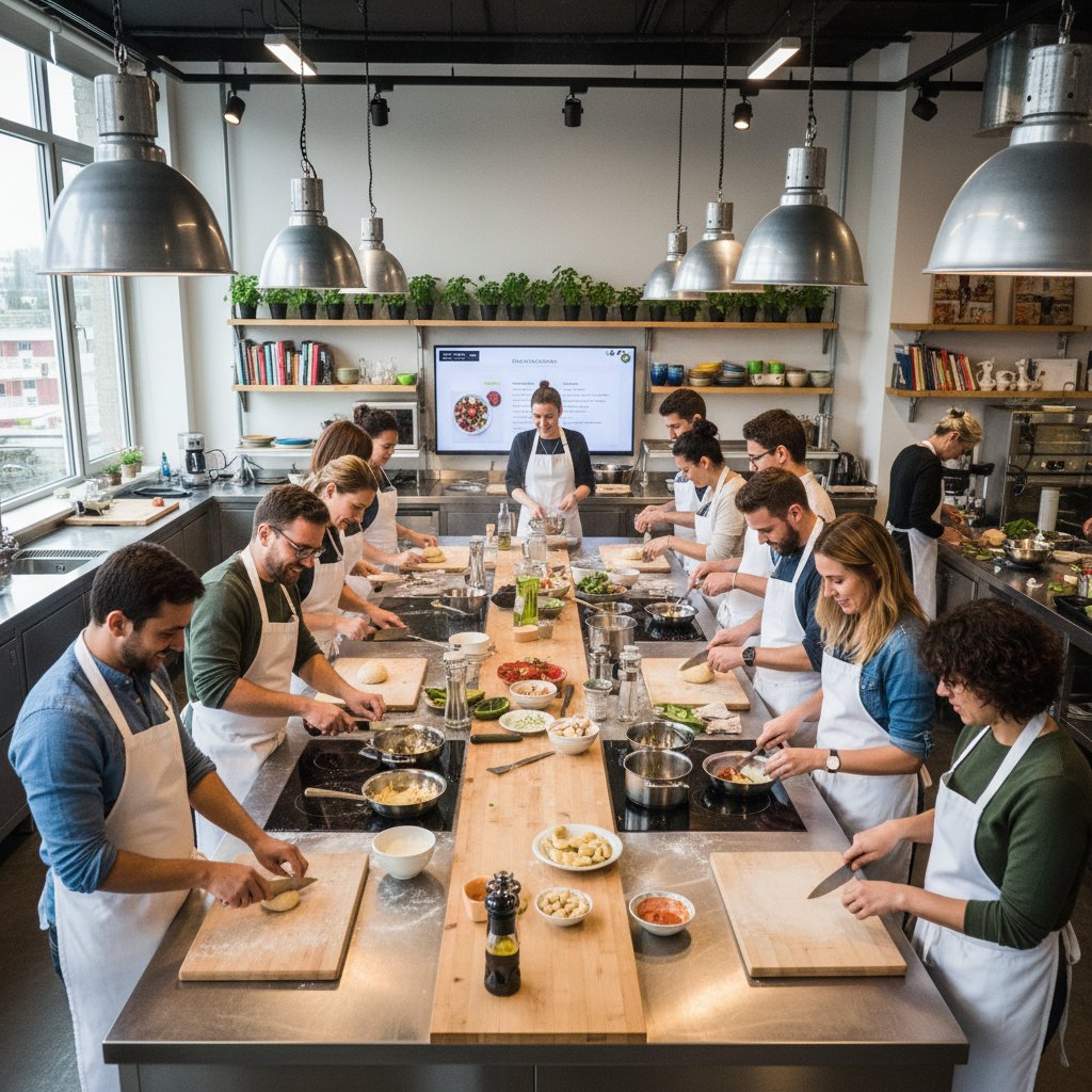 Grupa ludzi gotujących wspólnie w kuchni podczas warsztatów kulinarnych
