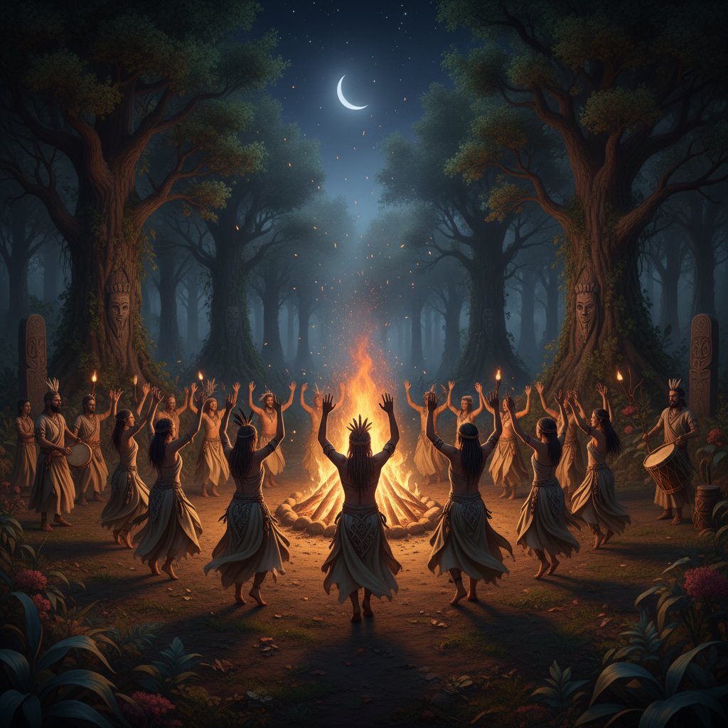 Grupa ludzi tańcząca wokół ogniska na tle natury, inspiracja historycznymi rytuałami poprawy nastroju