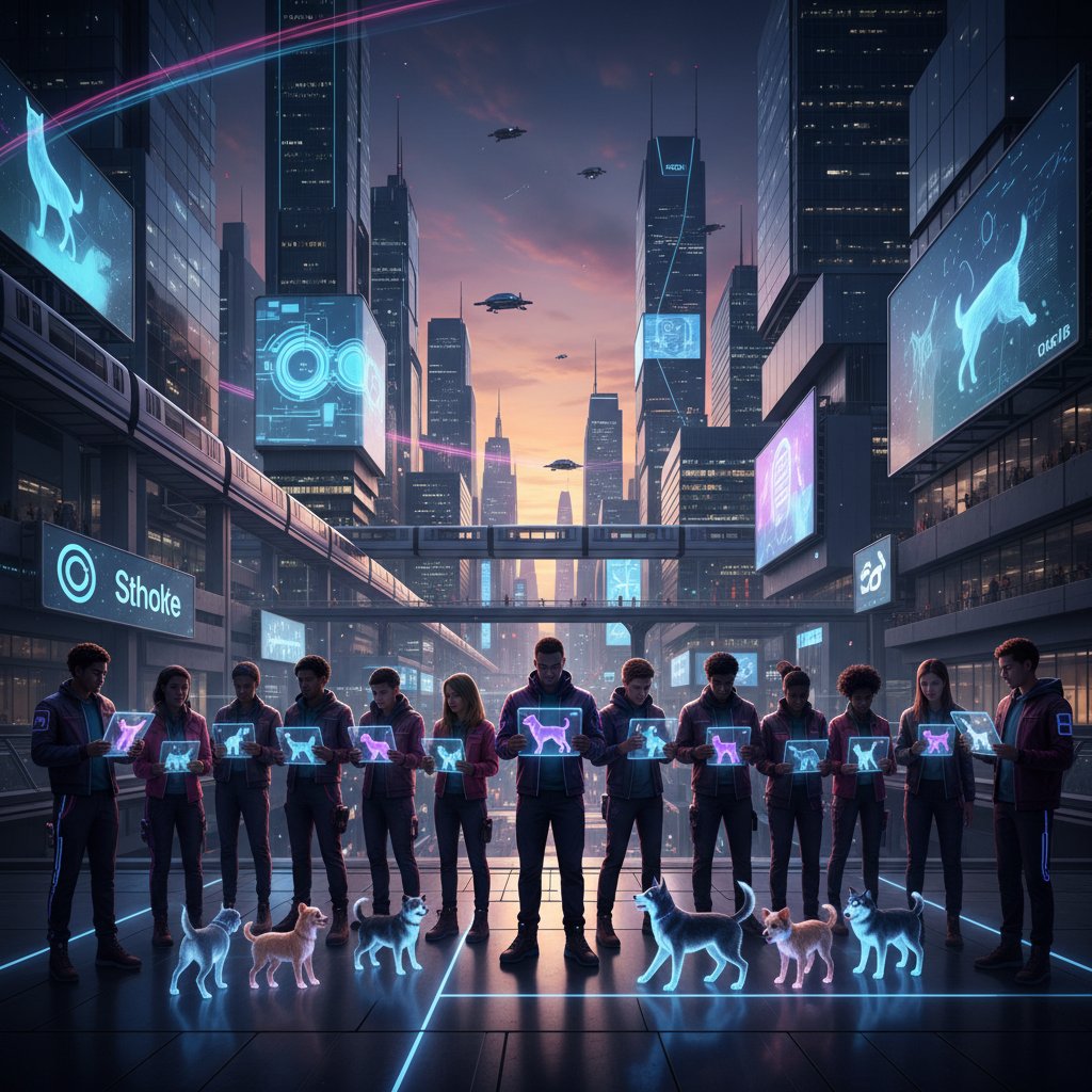 Grupa osób z różnymi urządzeniami korzysta z wirtualnych psów w przestrzeni miejskiej – symbol rozwoju i integracji technologii