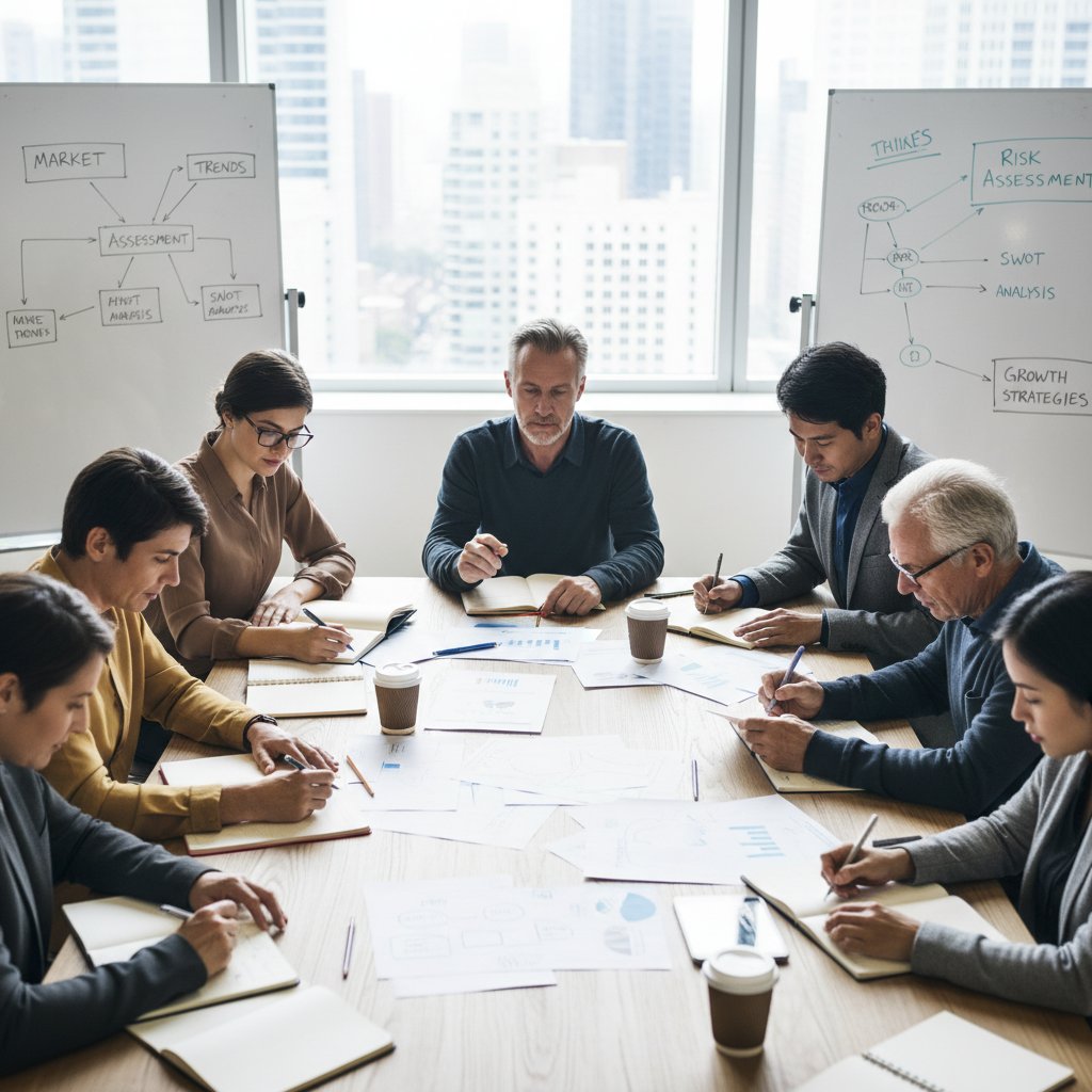 Grupa osób w różnym wieku wspólnie analizujących notatki – efekty nowych strategii