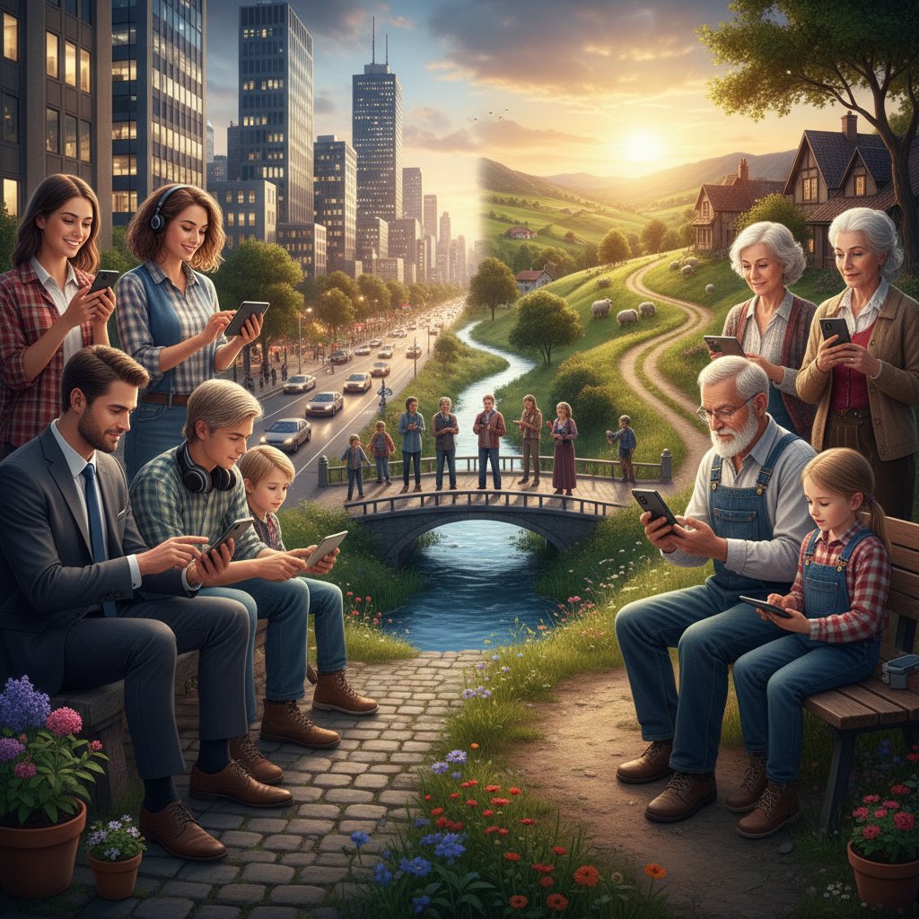 Grupa osób w różnym wieku korzystająca z urządzeń mobilnych, w tle fragmenty miast i wsi – obraz polskiej różnorodności cyfrowej