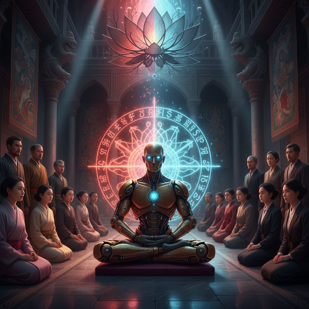 Robot mnich w świątyni – symbol różnic kulturowych w postrzeganiu AI