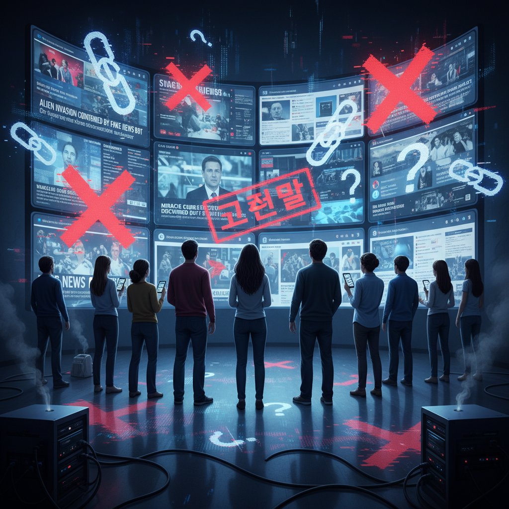 Grupa ludzi patrzących na dużą ścianę ekranów z cyfrowymi wiadomościami i symbolami dezinformacji