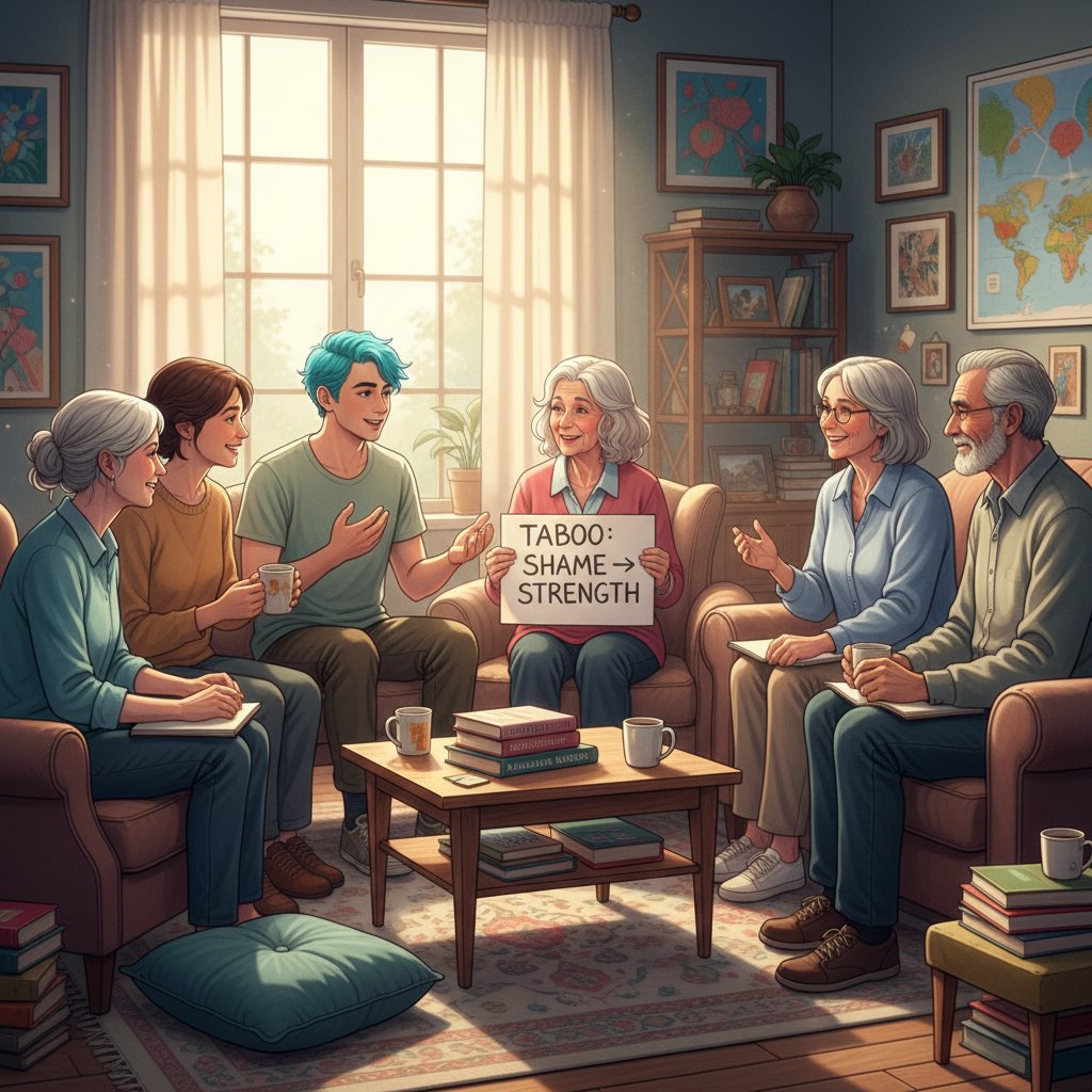 Grupa ludzi w różnym wieku, siedzących przy stole i prowadzących poważną dyskusję, motyw tabu i przełamywania barier