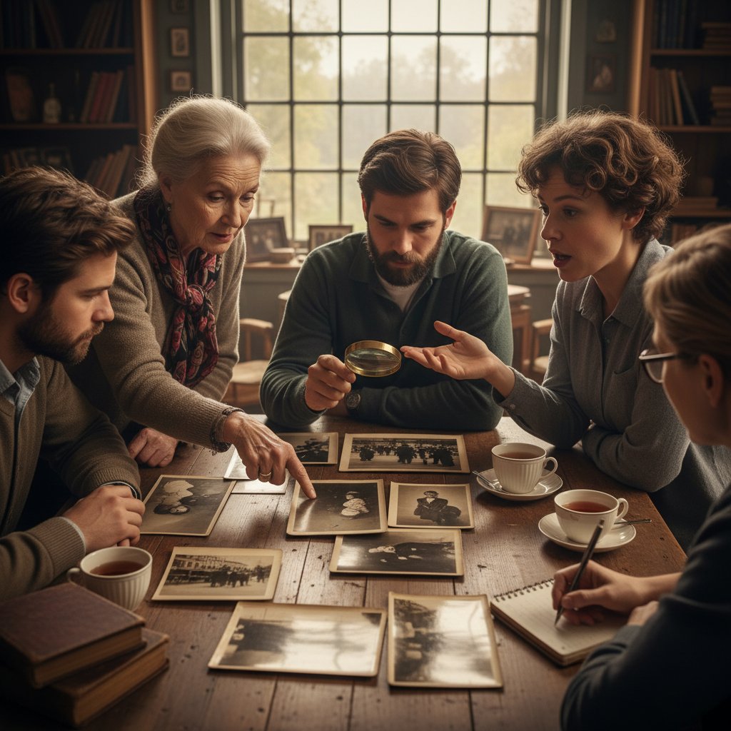 Grupa osób dyskutujących przy stole, na tle starych fotografii