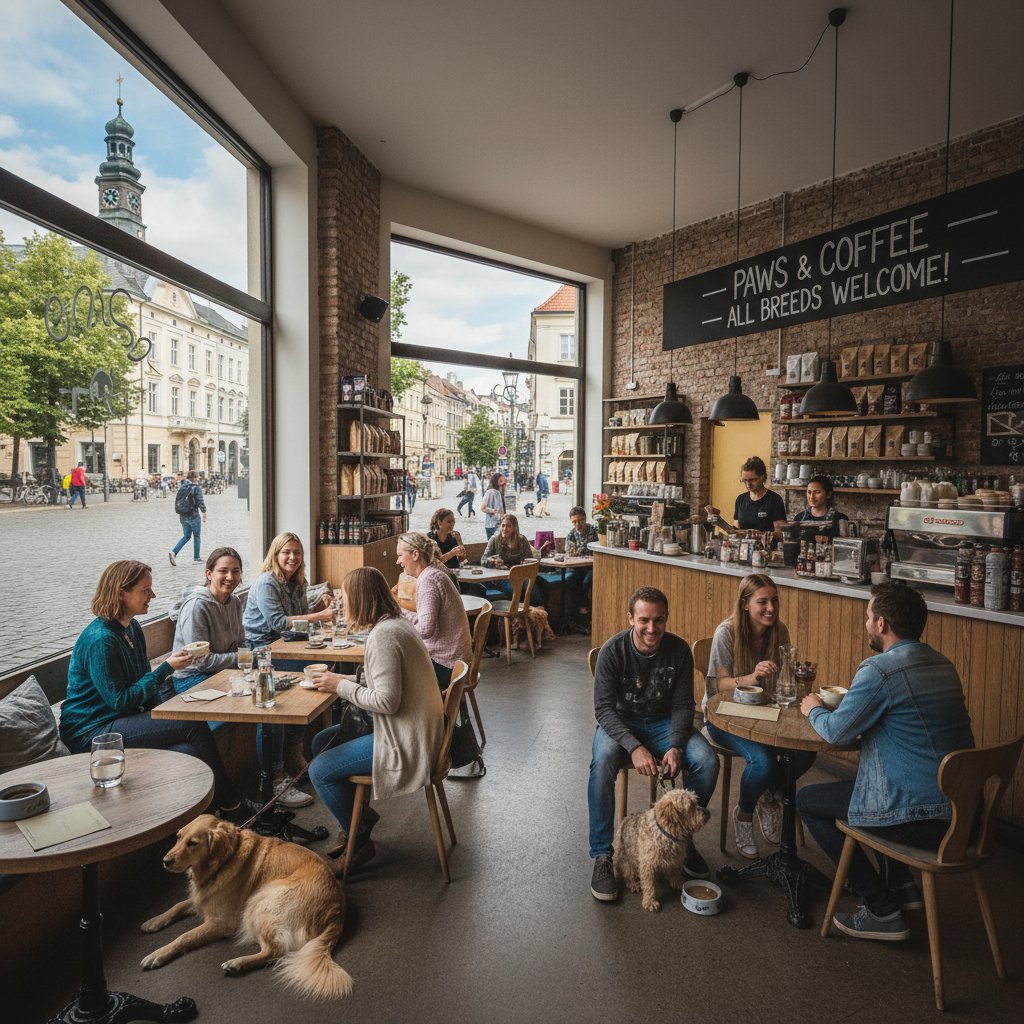 Ludzie pijący kawę w kawiarni przyjaznej psom w centrum miasta
