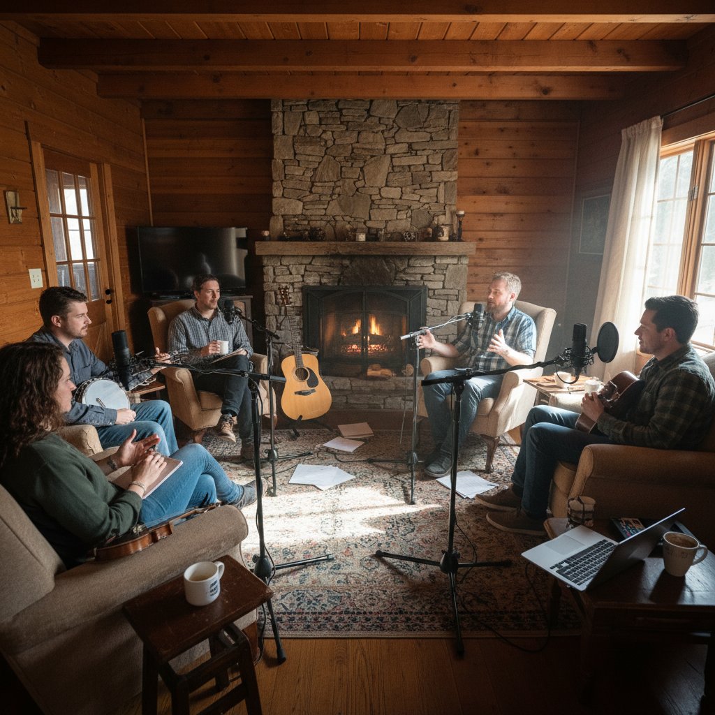 Grupa osób debatuje o muzyce ludowej na spotkaniu offline, inspiracja do prowadzenia bloga lub podcastu