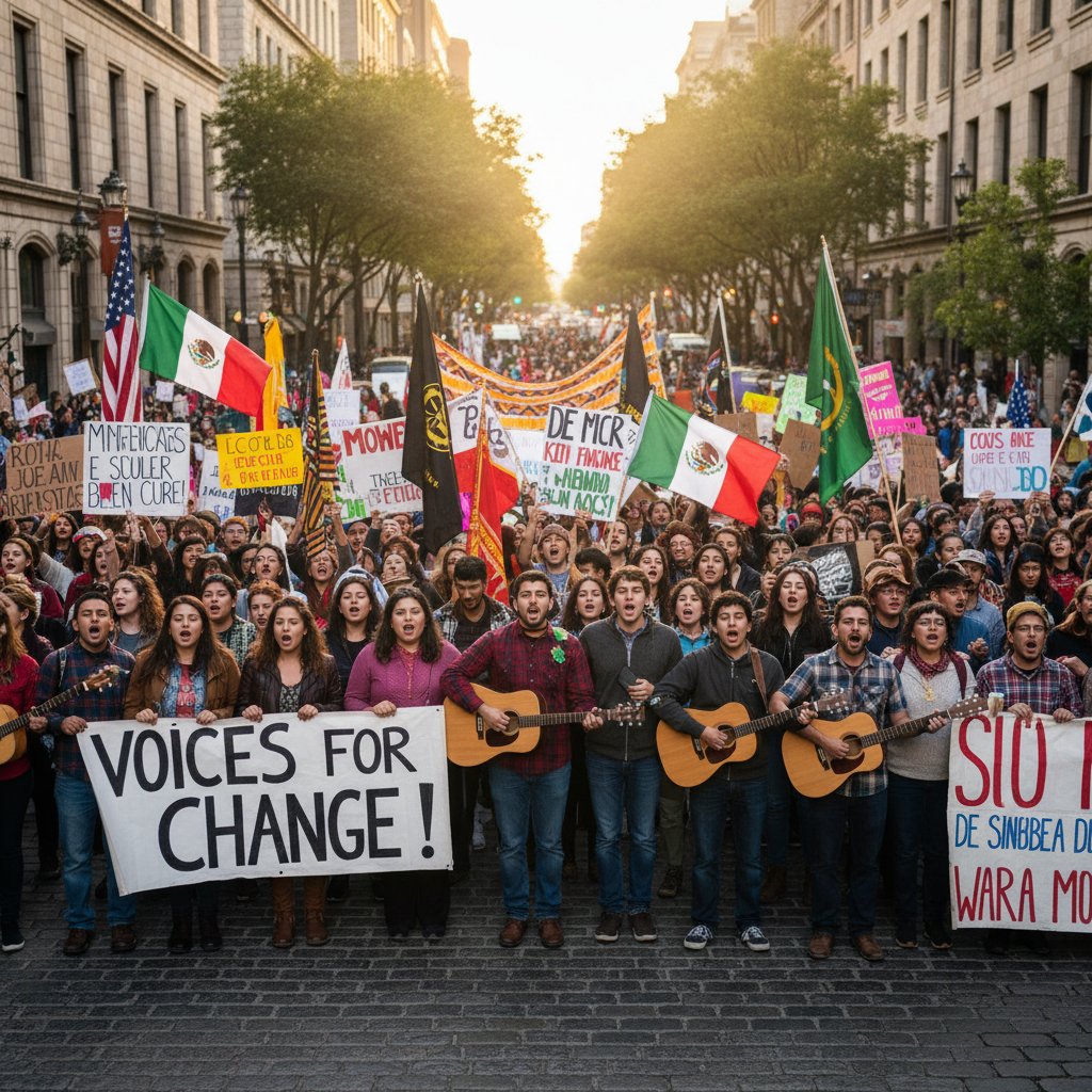 Grupa ludzi śpiewa pieśni ludowe podczas protestu ulicznego, flagi i transparenty