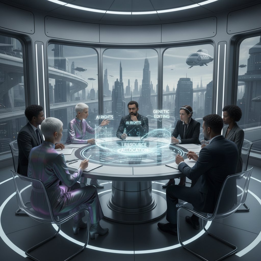 Grupa ludzi debatujących w futurystycznej sali symbolizującej przyszłość etyki cyfrowej