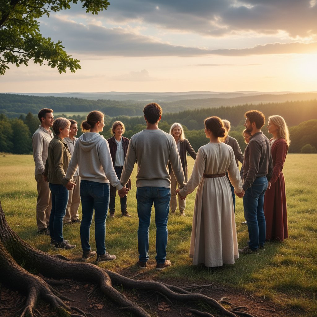 Grupa osób trzymających się za ręce, symbol wsparcia społecznego